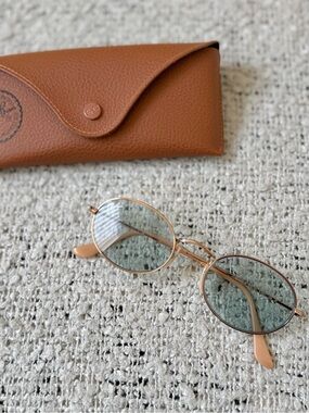 Ray-Ban Gold Frame Sunglasses with Blue Tinted Lenses with Case